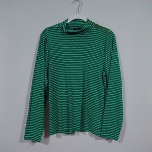 J.Crew Striped Top Green White Long Sleeve Button Shoulder Preppy